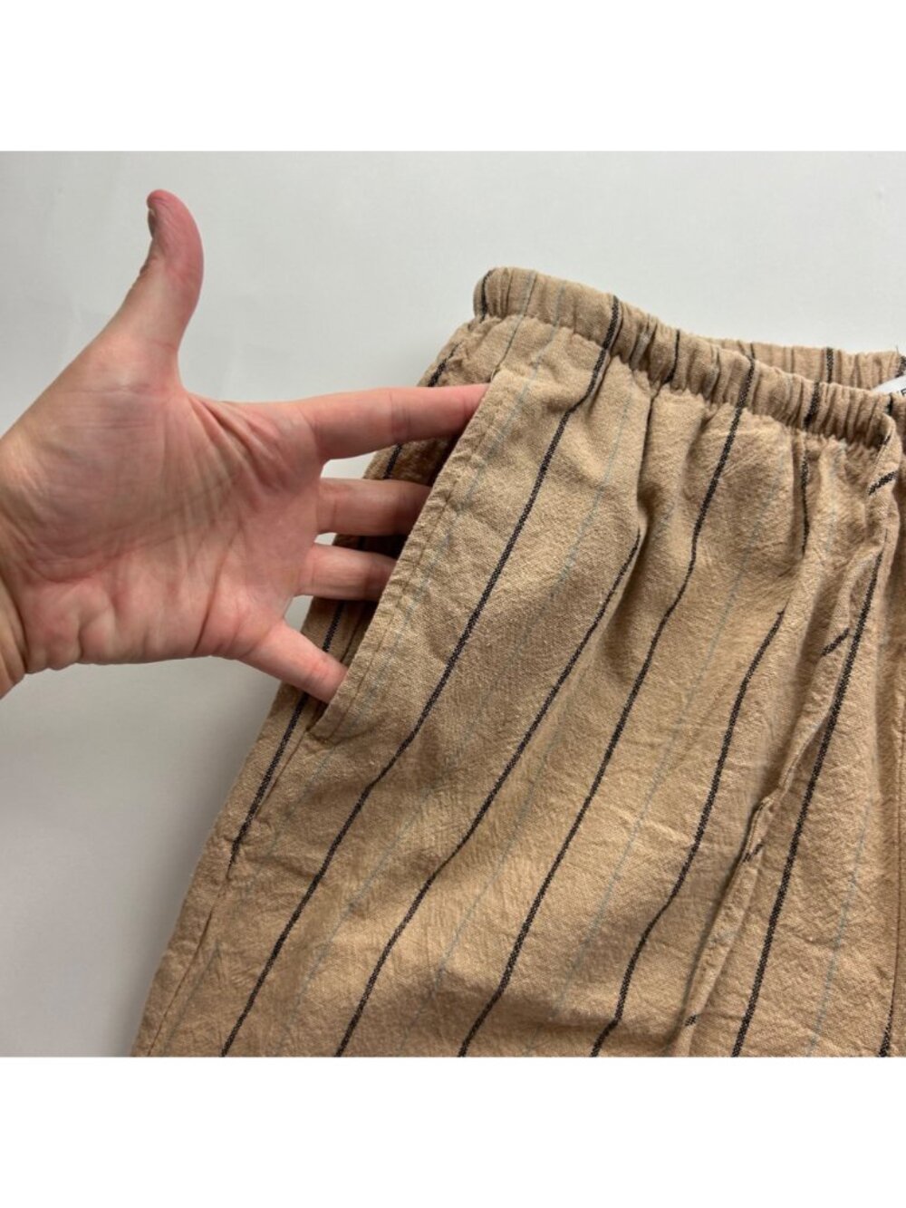 Love Tree Warm Tan Striped Linen Blend Wide Leg Pant L - Picture 3 of 7